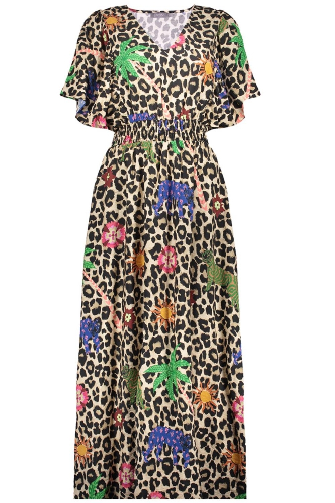LEOPARD MAXI JURK MET KLEURRIJKE DETAILS 57348 20 000720 SAND/GREEN/BLUE